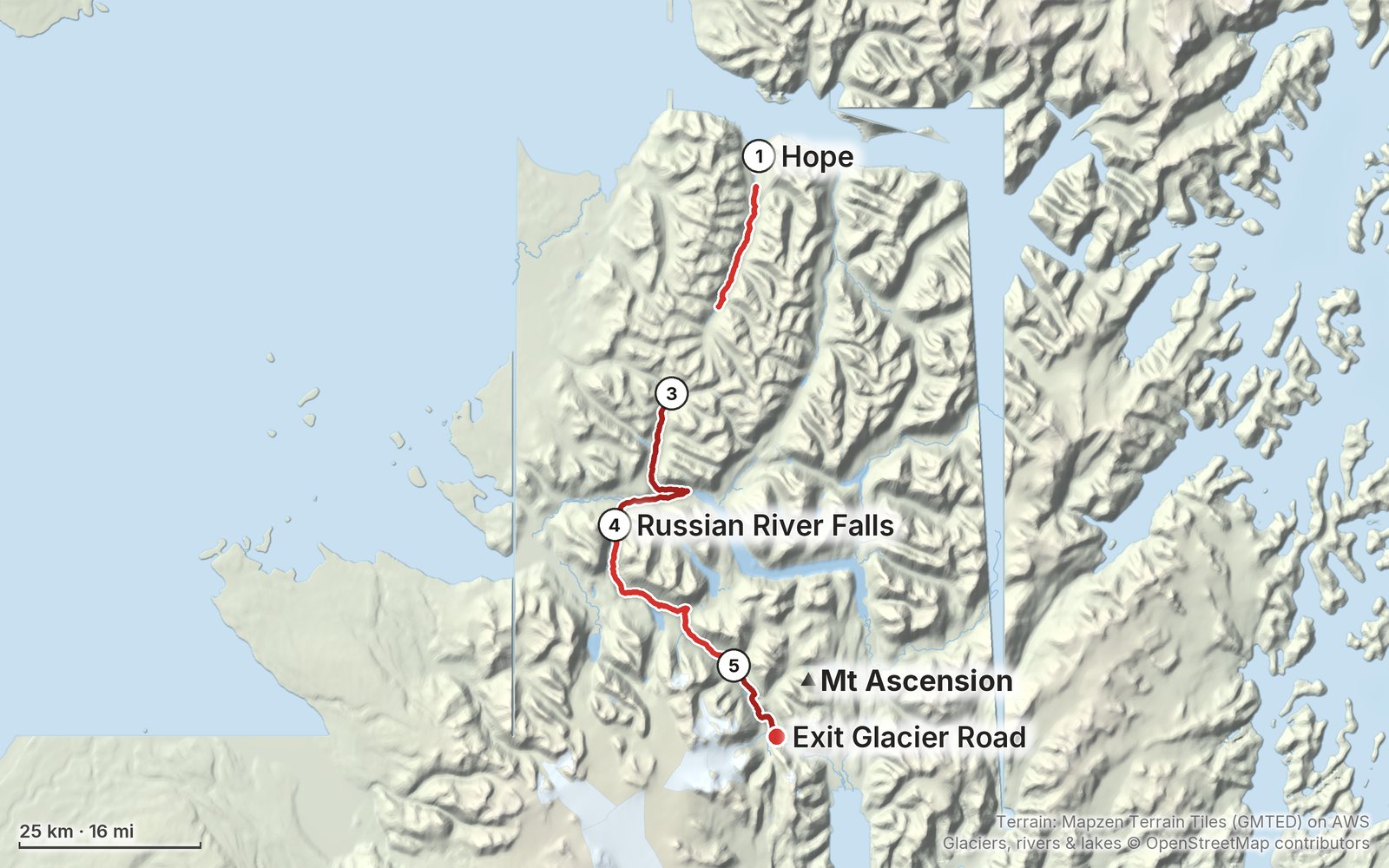 Relief map of the Resurrection Pass route: 4 days drawn in red with numbered day starts, labelled Hope, Exit Glacier Road, Mt Ascension and Russian River Falls.