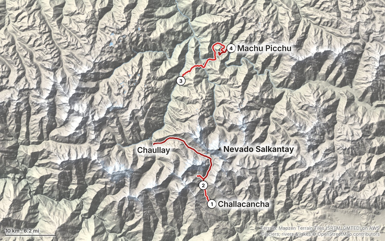 Relief map of the Salkantay Trek route: 4 days drawn in red with numbered day starts, labelled Challacancha, Machu Picchu, Nevado Salkantay and Chaullay.