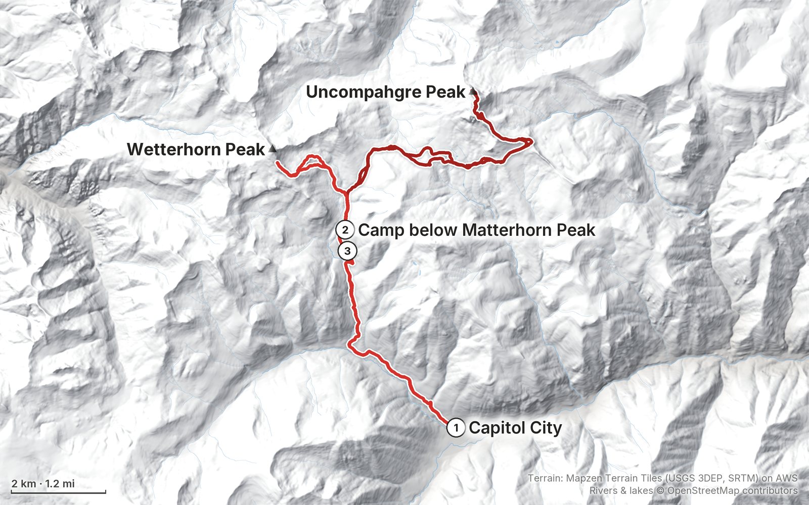 Relief map of the San Juans 14ers route: 3 days drawn in red with numbered day starts, labelled Capitol City, Uncompahgre Peak, Wetterhorn Peak and Camp below Matterhorn Peak.