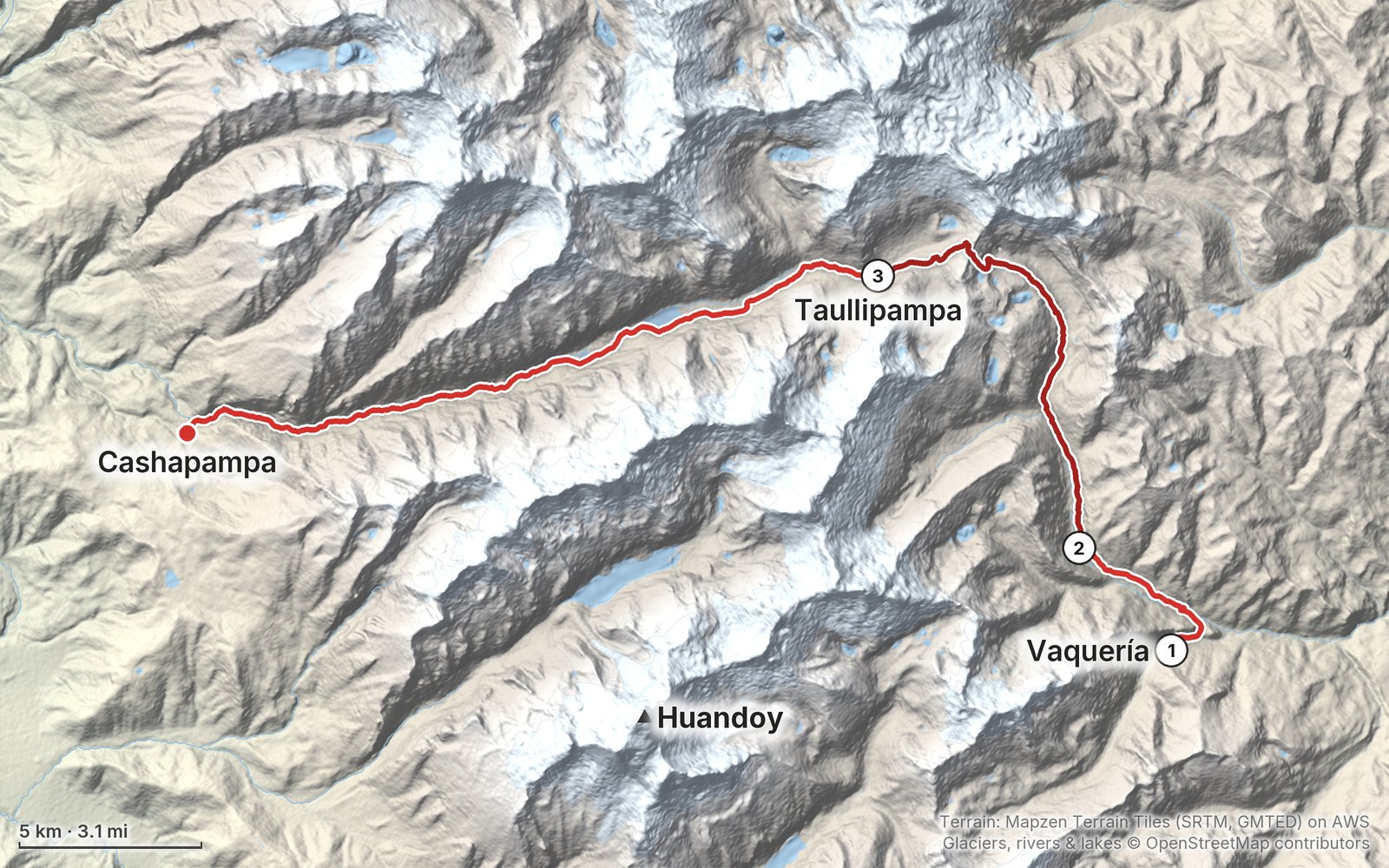 Relief map of the Santa Cruz Trek route: 3 days drawn in red with numbered day starts, labelled Vaquería, Cashapampa, Huandoy and Taullipampa.
