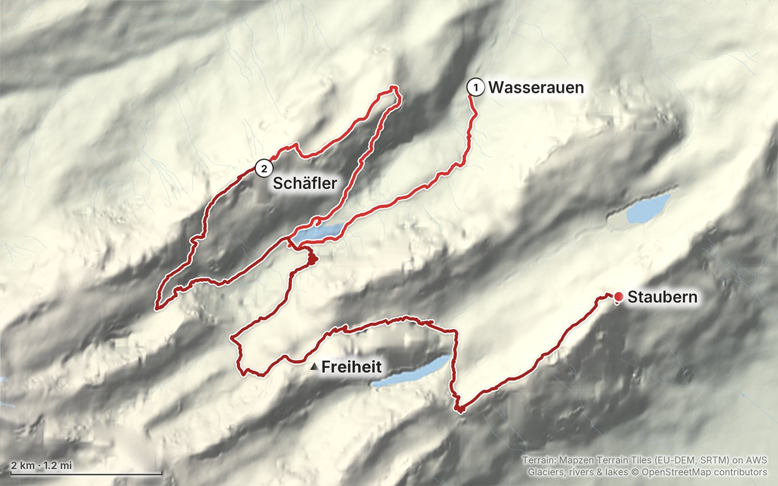 Relief map of the Saxer Lücke route: 2 days drawn in red with numbered day starts, labelled Wasserauen, Staubern, Freiheit and Schäfler.