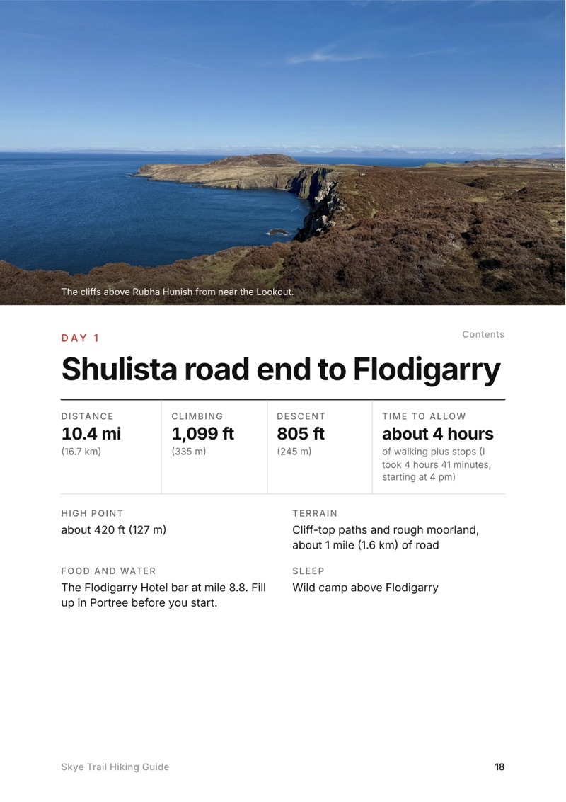 A day page page from the Skye Trail Hiking Guide