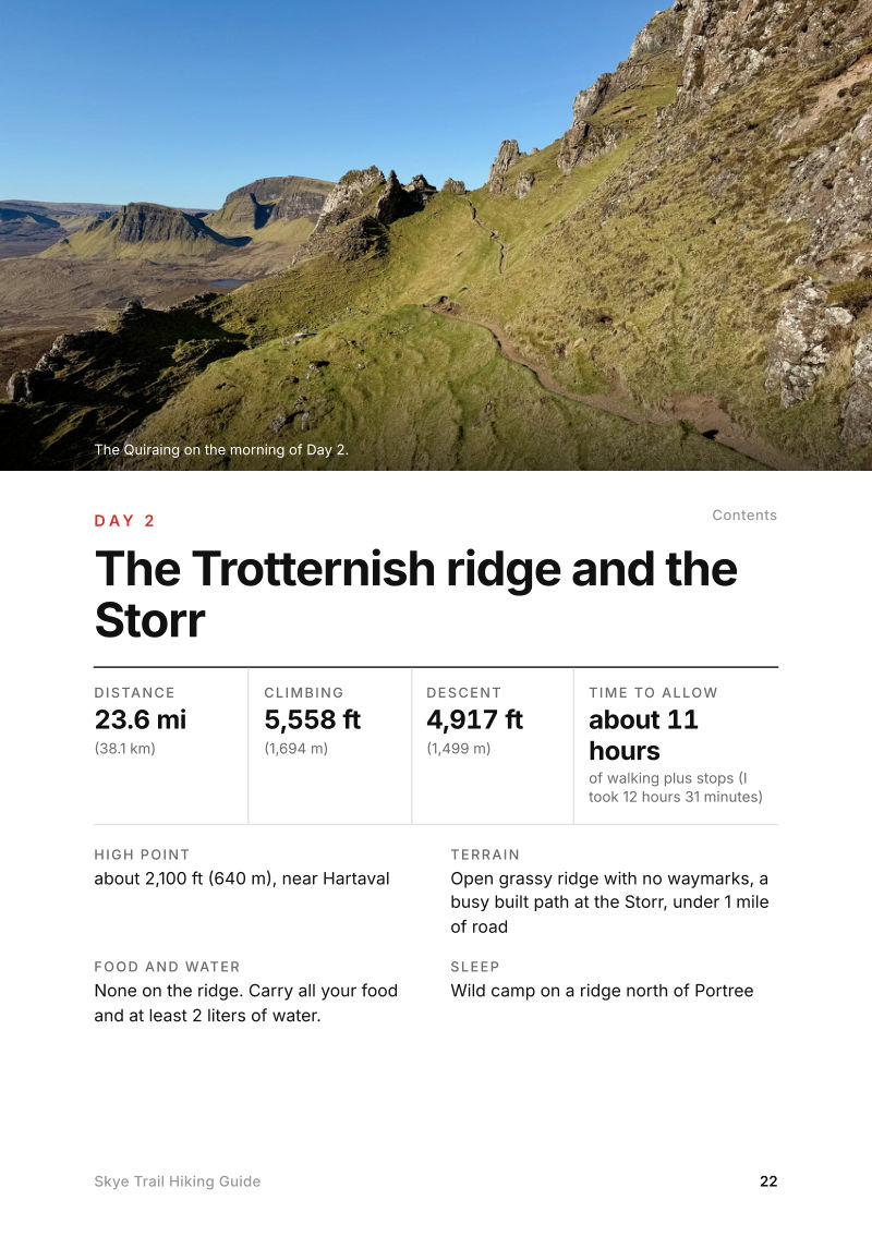 The Day 2, The Trotternish ridge and the Storr page from the Skye Trail Hiking Guide