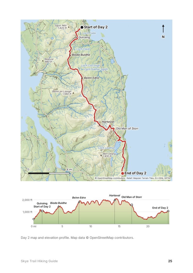 A day map and elevation profile page from the Skye Trail Hiking Guide