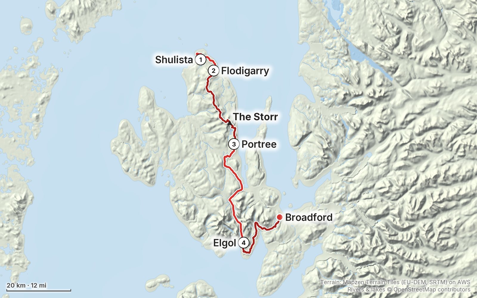 Relief map of the Skye Trail route: 4 days drawn in red with numbered day starts, labelled Shulista, Broadford, Flodigarry, The Storr, Portree and Elgol.