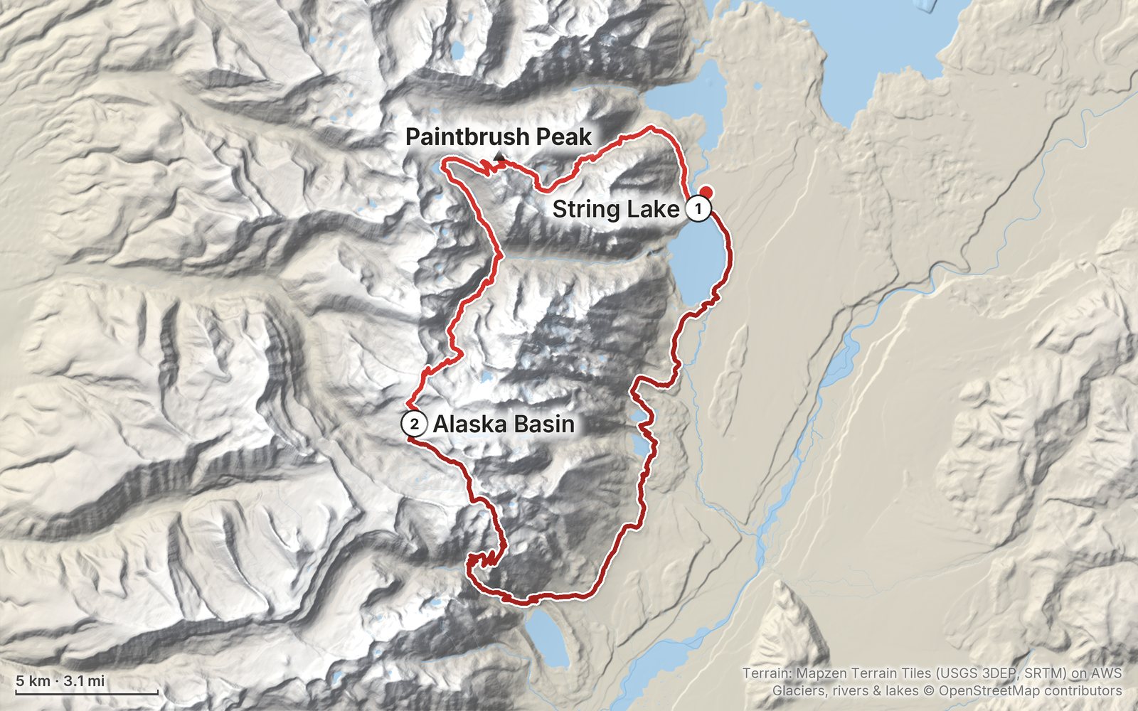 Relief map of the Teton Crest Trail route: 2 days drawn in red with numbered day starts, labelled String Lake, Paintbrush Peak and Alaska Basin.