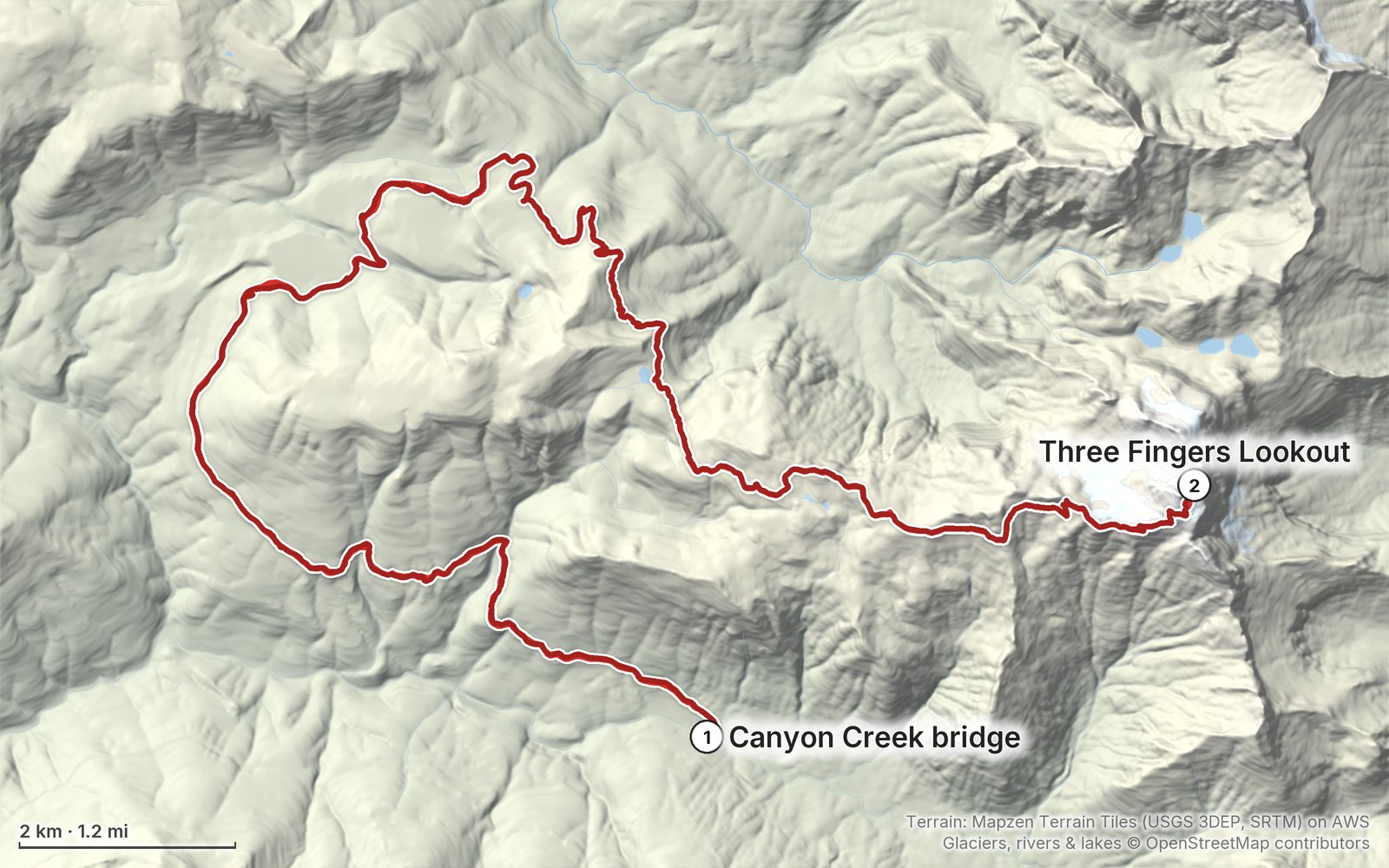 Relief map of the Three Fingers Lookout route: 2 days drawn in red with numbered day starts, labelled Canyon Creek bridge and Three Fingers Lookout.