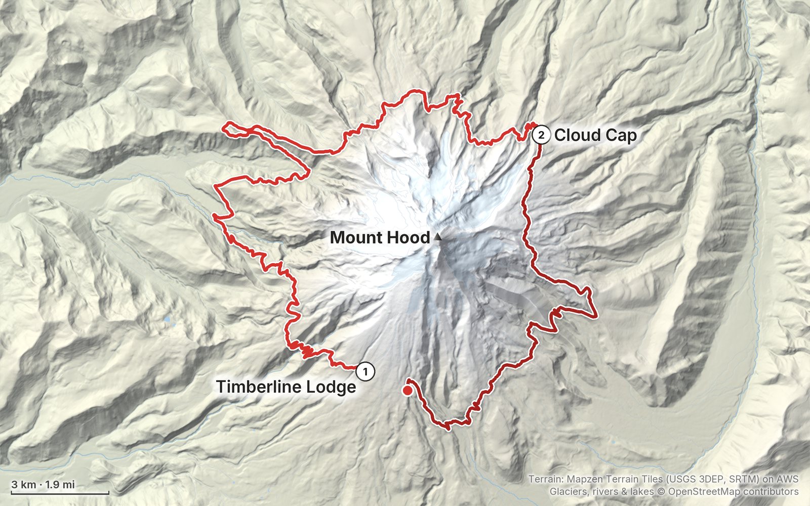 Relief map of the Timberline Trail route: 2 days drawn in red with numbered day starts, labelled Timberline Lodge, Mount Hood and Cloud Cap.