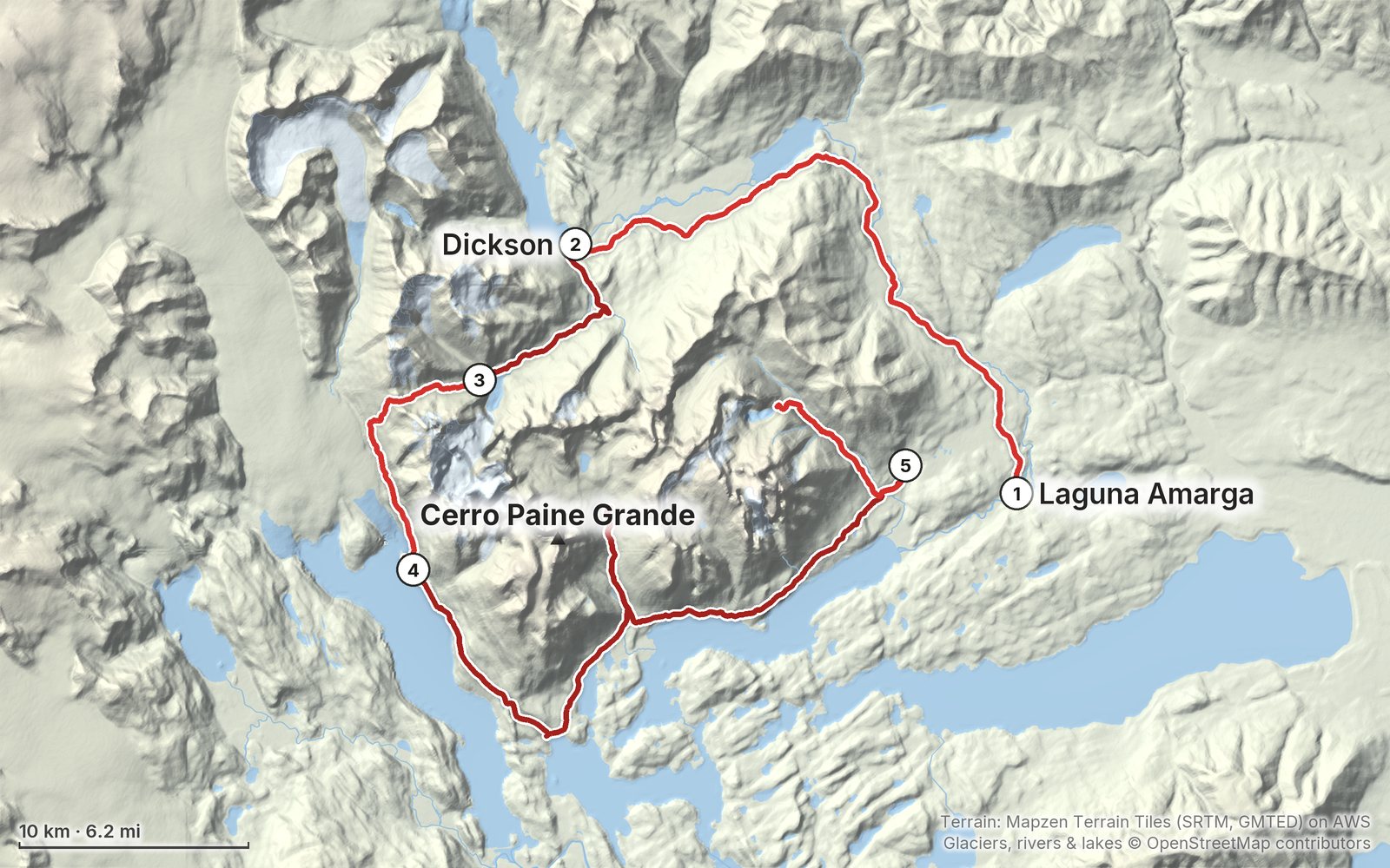 Relief map of the Torres del Paine route: 5 days drawn in red with numbered day starts, labelled Laguna Amarga, Cerro Paine Grande and Dickson.