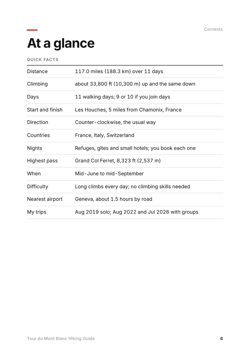 At a glance page from the Tour du Mont Blanc Hiking Guide