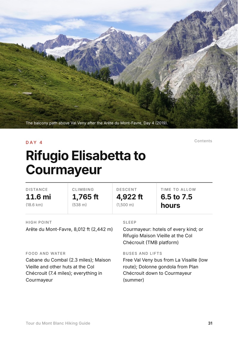 A day page page from the Tour du Mont Blanc Hiking Guide
