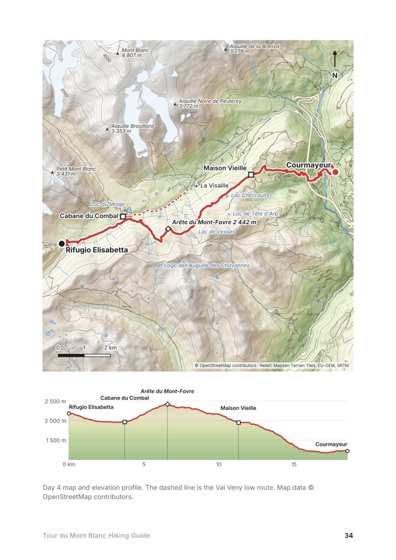 A day map and elevation profile page from the Tour du Mont Blanc Hiking Guide
