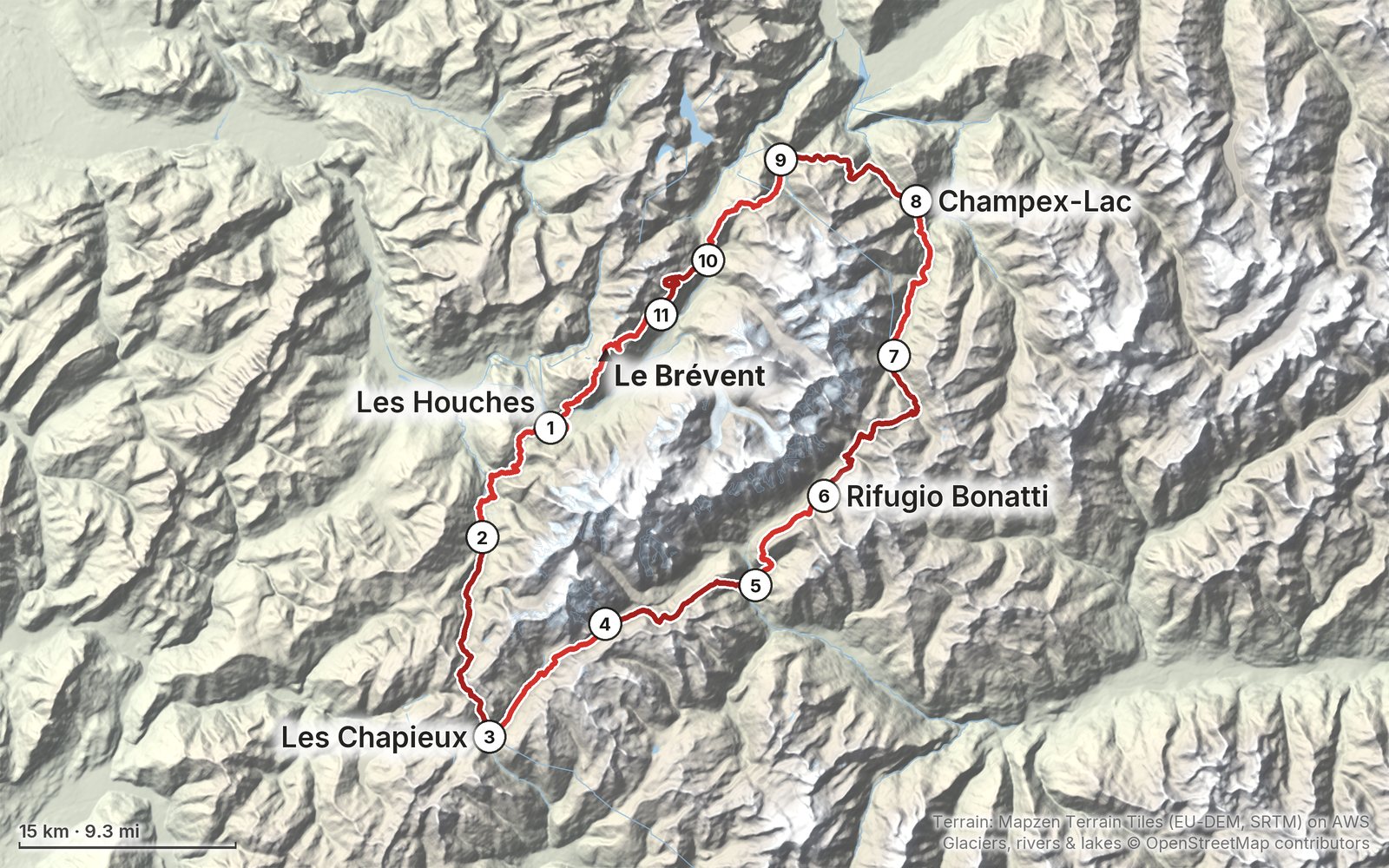 Relief map of the Tour du Mont Blanc route: 11 days drawn in red with numbered day starts, labelled Les Houches, Le Brévent, Champex-Lac, Les Chapieux and Rifugio Bonatti.