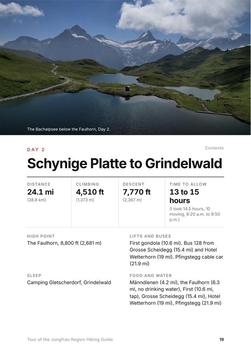 A day page page from the Tour of the Jungfrau Region Hiking Guide