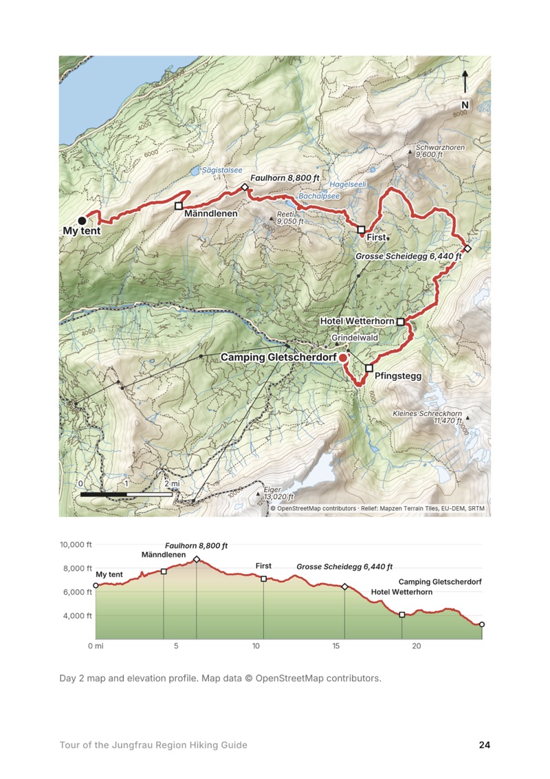 A day map and elevation profile page from the Tour of the Jungfrau Region Hiking Guide
