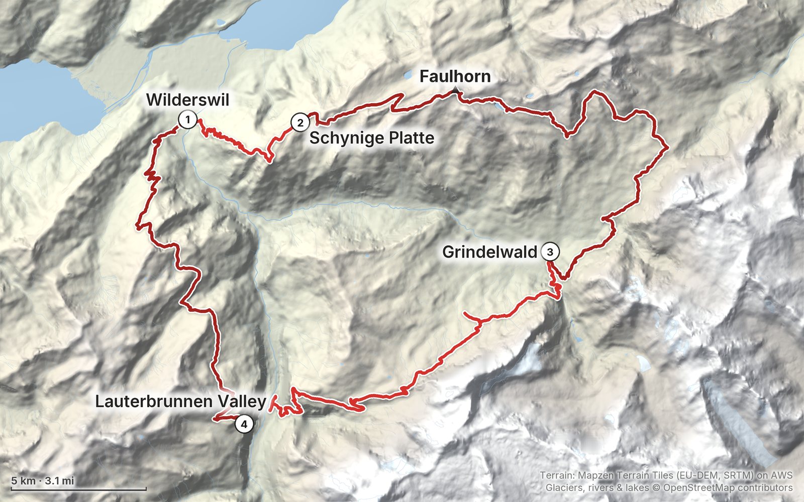 Relief map of the Tour of the Jungfrau Region route: 4 days drawn in red with numbered day starts, labelled Wilderswil, Faulhorn, Lauterbrunnen Valley, Grindelwald and Schynige Platte.