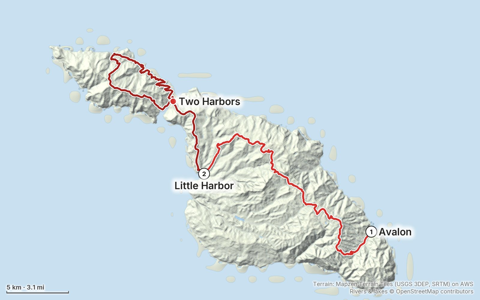 Relief map of the Trans-Catalina Trail route: 2 days drawn in red with numbered day starts, labelled Avalon, Two Harbors and Little Harbor.