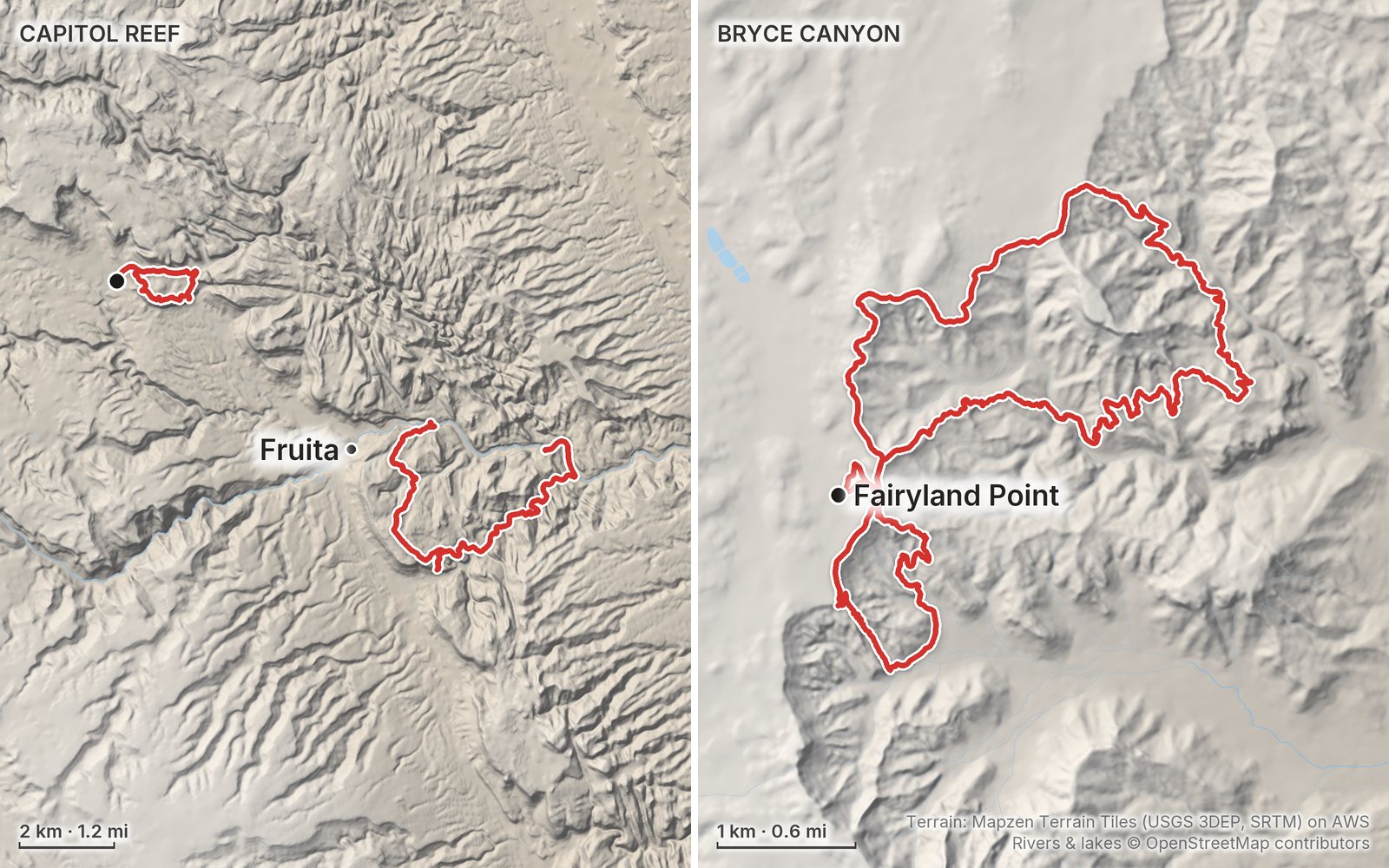 Relief maps of the Capitol Reef and Bryce Canyon hikes in Capitol Reef and Bryce Canyon, each walk drawn in red, with Fruita and Fairyland Point marked.