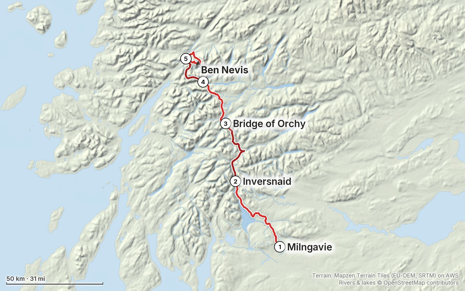 Relief map of the West Highland Way route: 5 days drawn in red with numbered day starts, labelled Milngavie, Ben Nevis, Inversnaid and Bridge of Orchy.