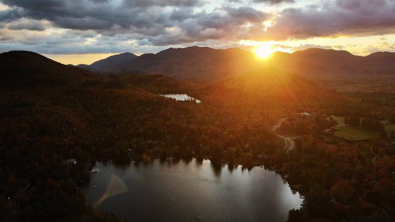 Sunrise over Lake Placid from my drone, the morning I started. Drones aren't allowed in the wilderness; this was taken over the village.