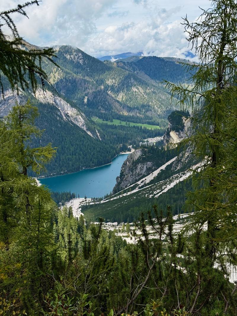 Lago di Braies through the trees on the climb out of the lake.