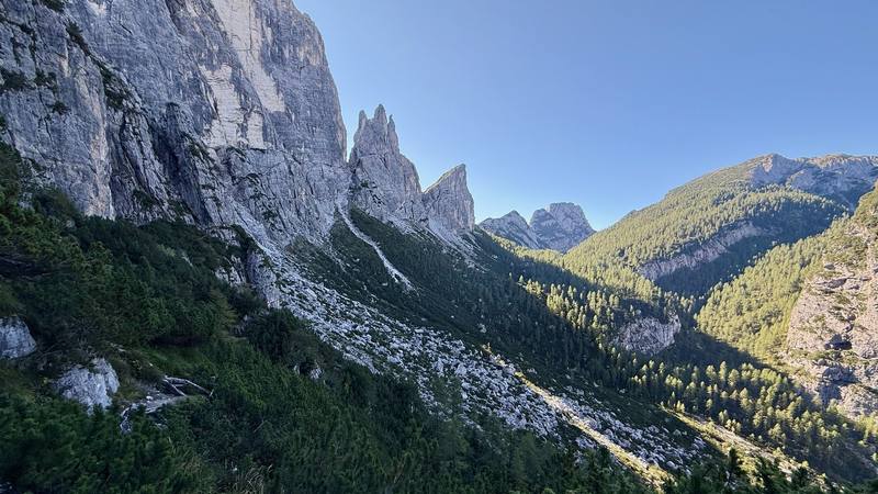 Rock towers above the forested valley between Vazzoler and Carestiato.