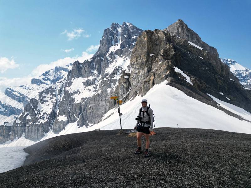 Me at the Col de Susanfe signpost, 2,494 m, Day 4, from my drone.