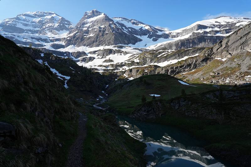 Early on Day 4, just past the Pas d'Encel: a small lake and the mountains at the head of the Susanfe valley.