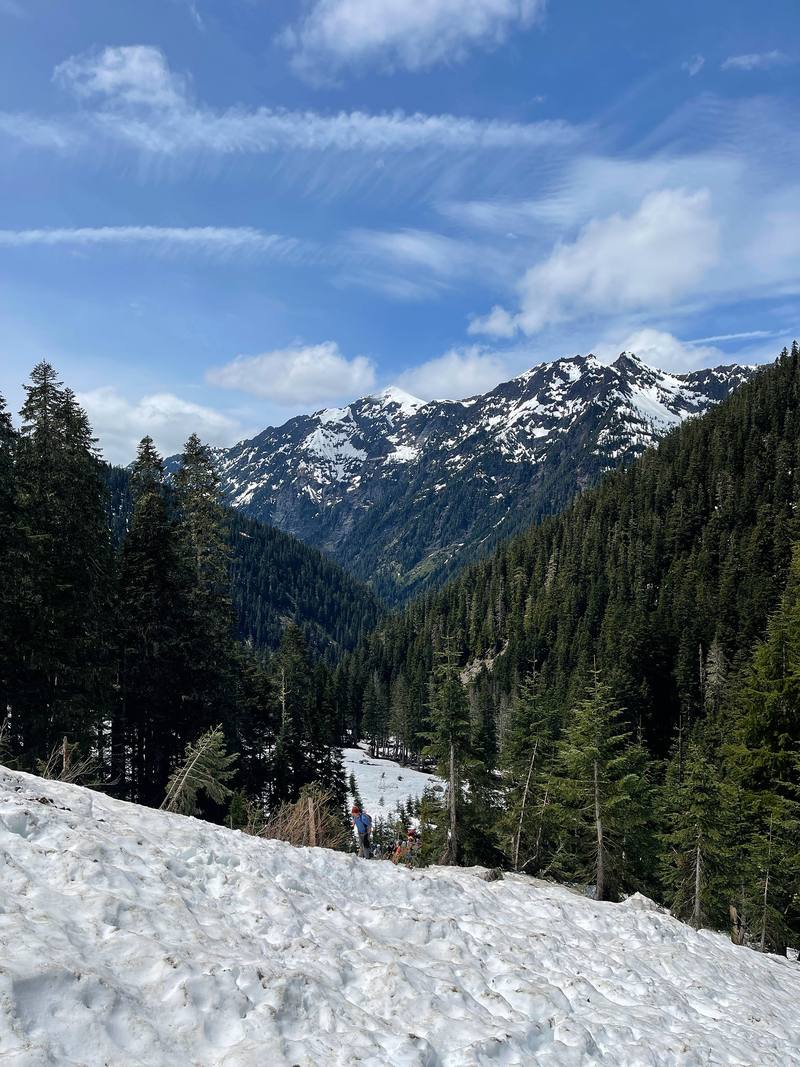 Snowy peaks above the upper Enchanted Valley, on the way to Anderson Pass, Day 3.