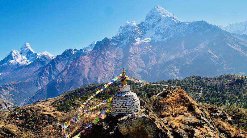 A stupa on the ridge above Khumjung on Day 4, with Ama Dablam on the left.