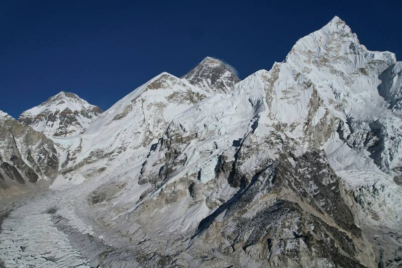 Everest and Nuptse above the Khumbu Glacier, from the slope of Kala Patthar on the afternoon of Day 7.