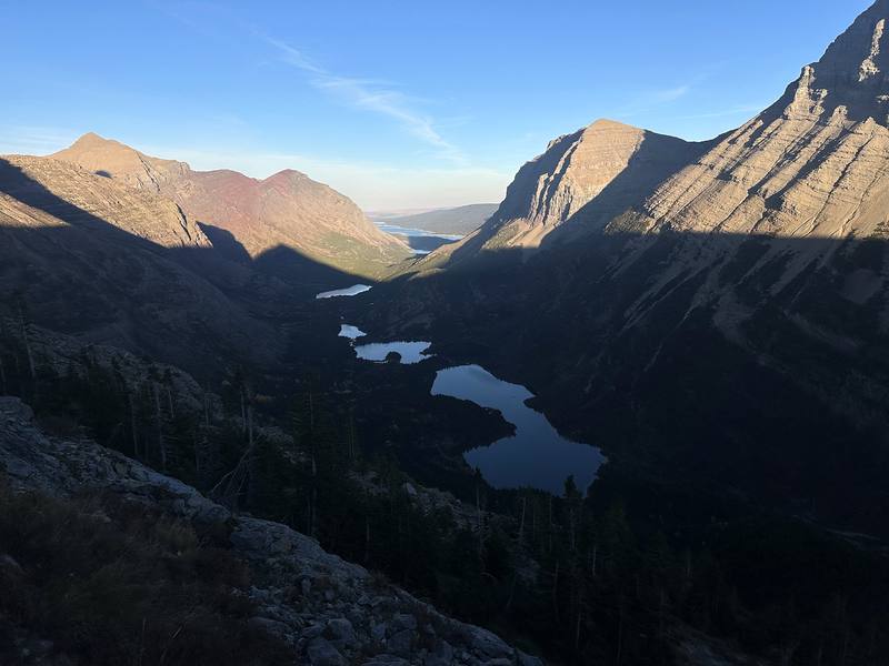 The Swiftcurrent valley lakes from below Swiftcurrent Pass, Day 3.