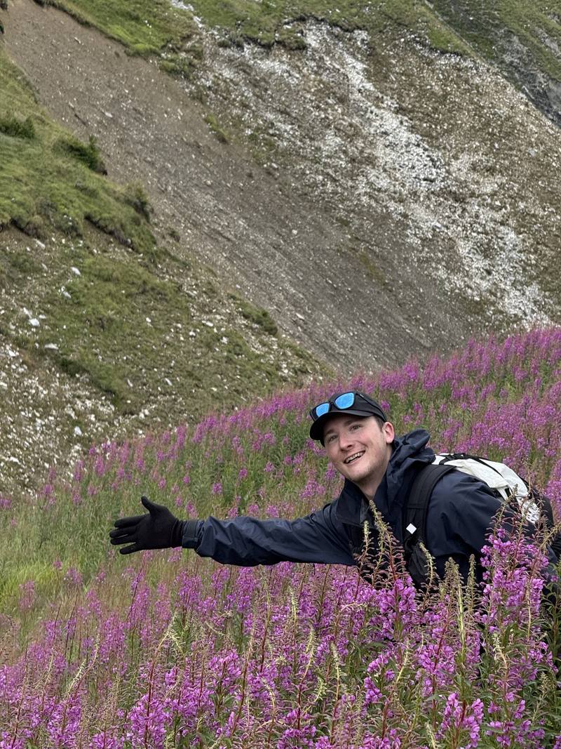 Me in the fireweed on the way down from the Col de Balme, Day 1.