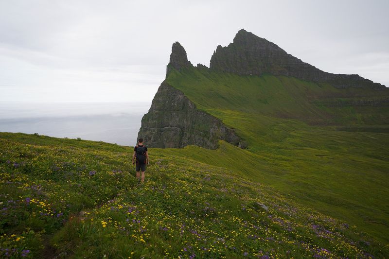 Walking toward the Kálfatindar pinnacles on Hornbjarg, Day 4.