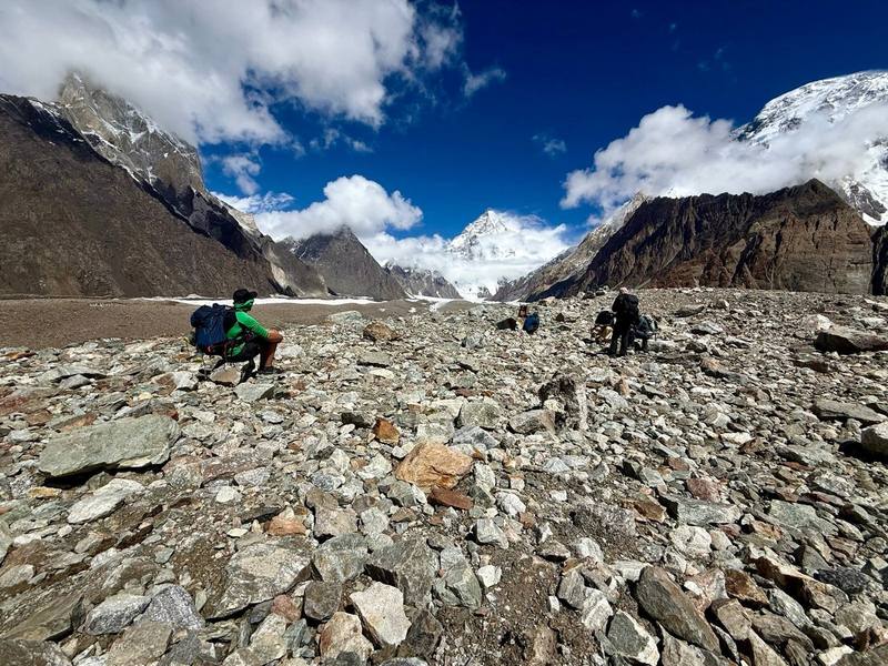 On the moraine of the Godwin-Austen Glacier on Day 8.