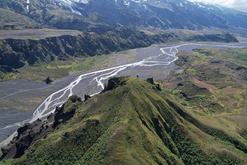 Þórsmörk and the braided Krossá riverbed at the end of Day 2, with the Eyjafjallajökull ice cap behind.