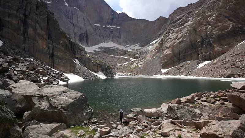 Chasm Lake under the east face of Longs Peak, Day 1 mile 4.5. That's me on the shore.