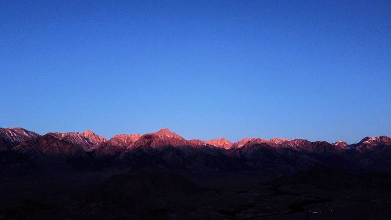 The Sierra in the first light from the Alabama Hills, from my drone on the morning of Day 1.