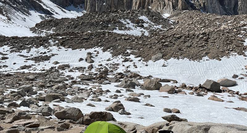 My tent at Trail Camp under the needles, Day 1, 2:25 p.m.