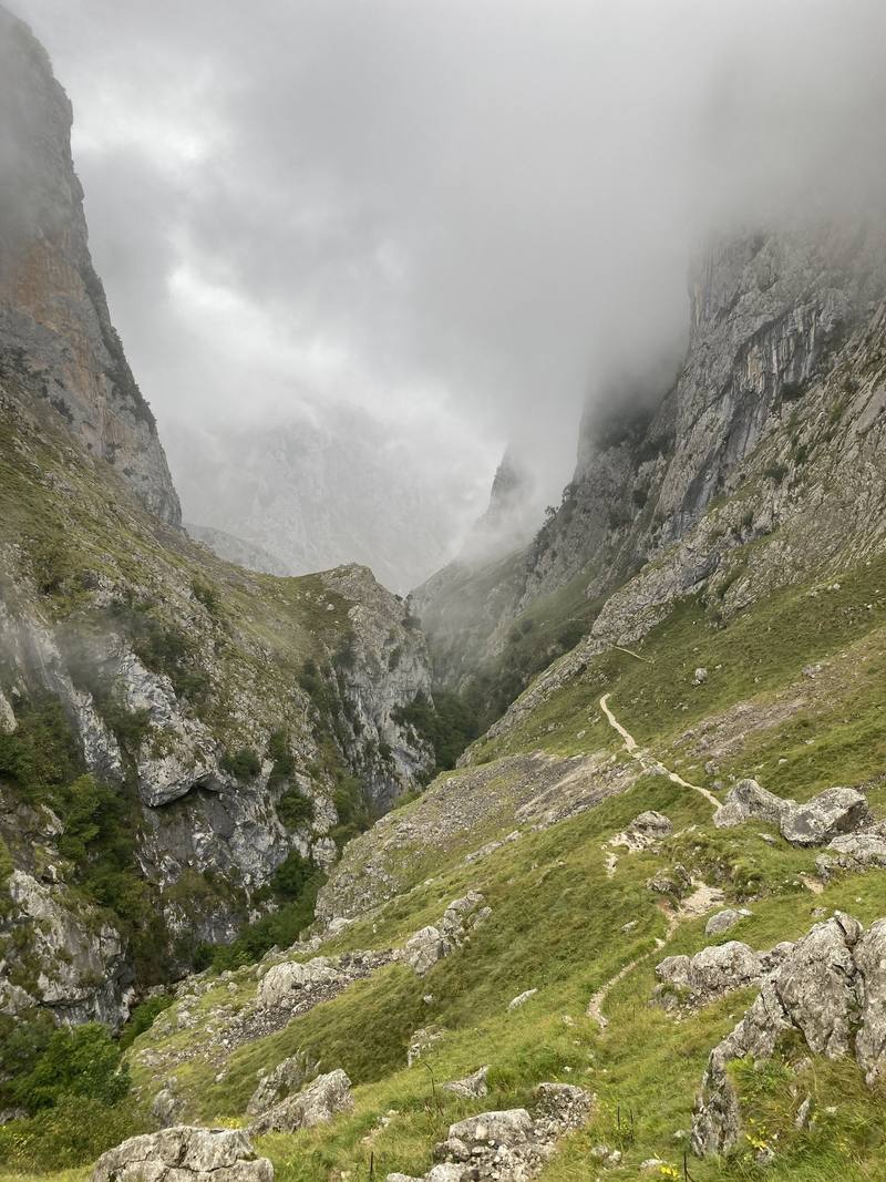 The gorge below Bulnes in the morning mist, on the way down to Poncebos, Day 3.