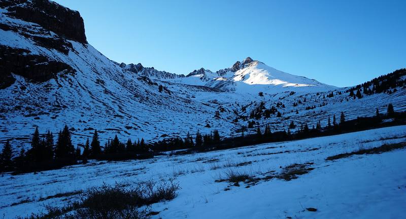Snow in the basin below camp, Day 1 evening.