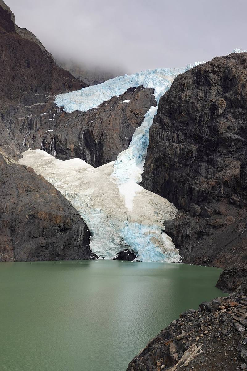 The Los Perros glacier and its gray lake, just before camp, Day 2.