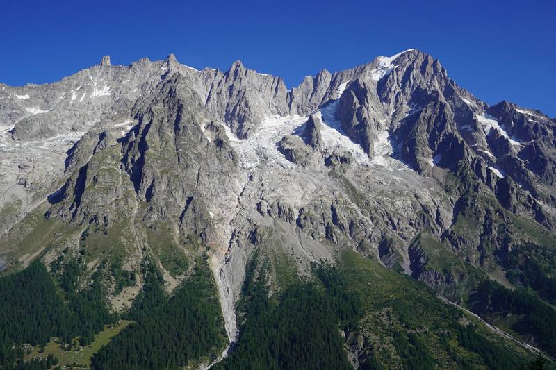 The Grandes Jorasses across Val Ferret from the balcony just past Rifugio Bertone, Day 5 (2019).