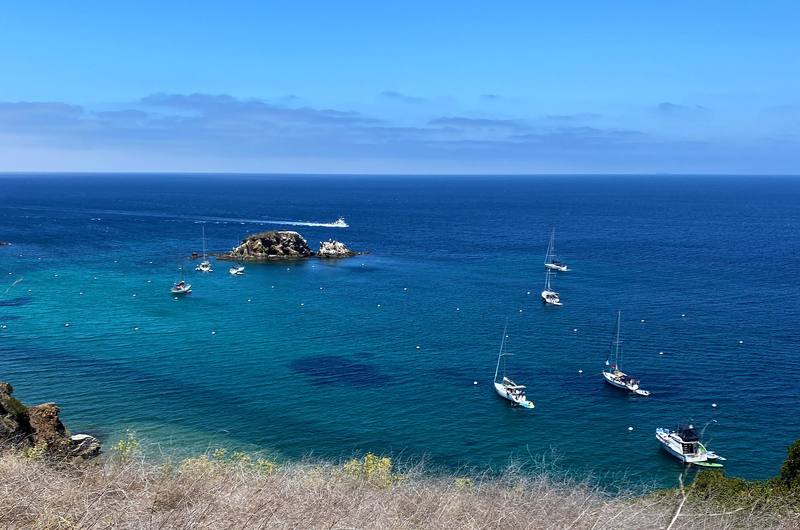 Boats anchored in a cove below the West End Road, Day 2 mile 15.7.