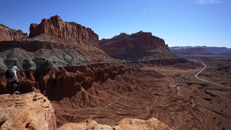 The Waterpocket Fold cliffs and Utah 24 from the rim on the Chimney Rock Loop, Day 1.