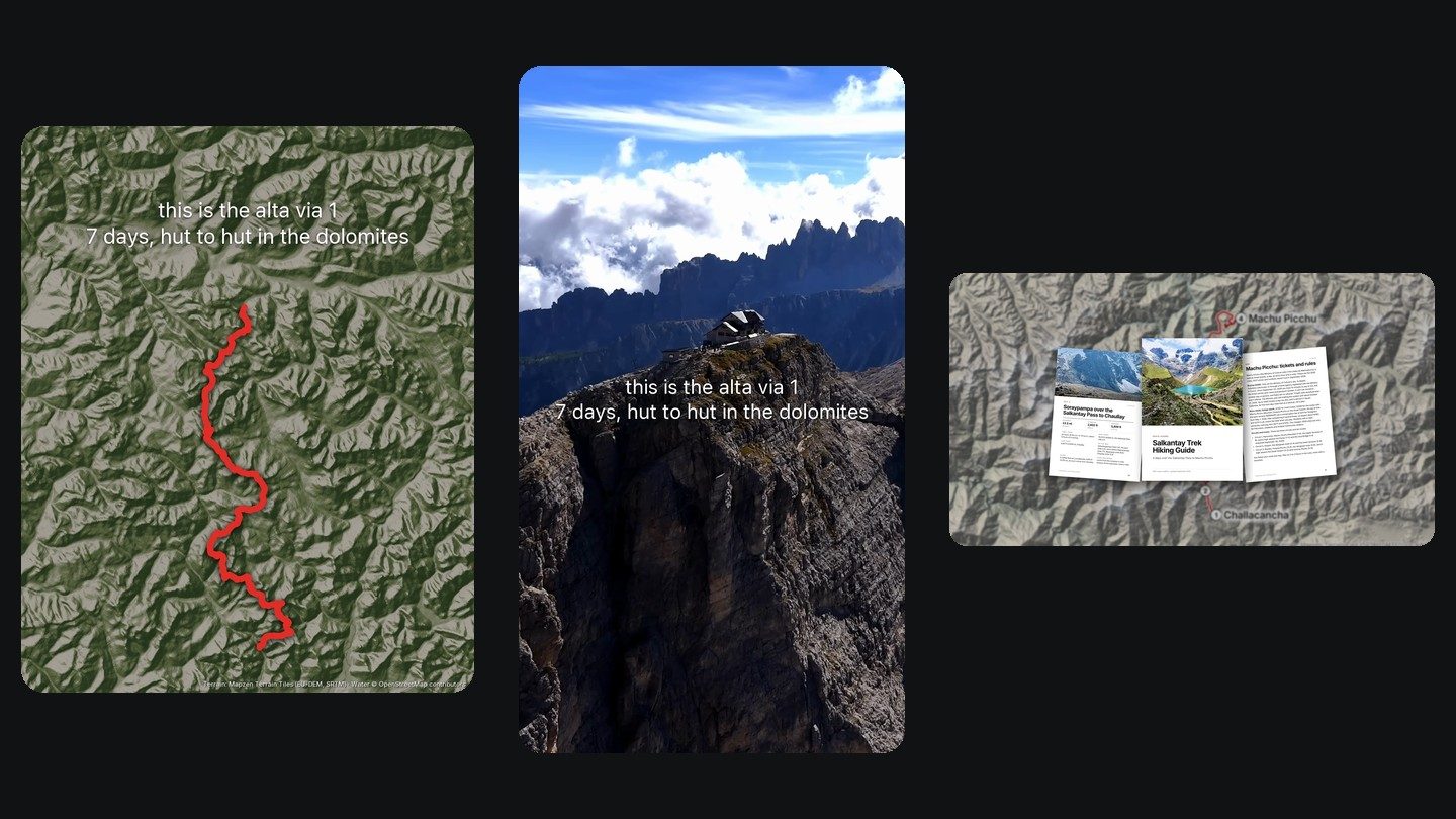 A Facebook carousel slide of the Alta Via 1 route map, a reel frame of a mountain hut on a Dolomites ridge, and the Salkantay hiking guide's pages over its relief map
