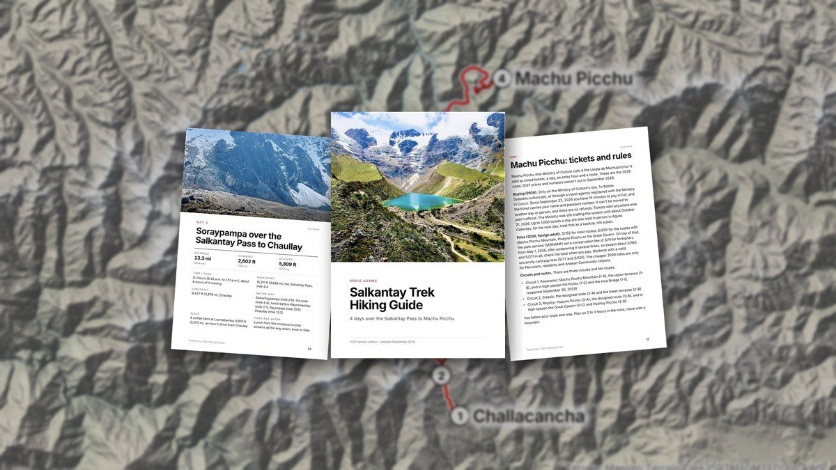 The cover of the hiking guides article: the Salkantay guide's pages over its relief map