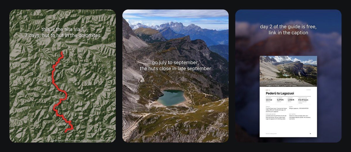 Three slides from the Alta Via 1 carousel: the route map, when to go, and the free day from the guide