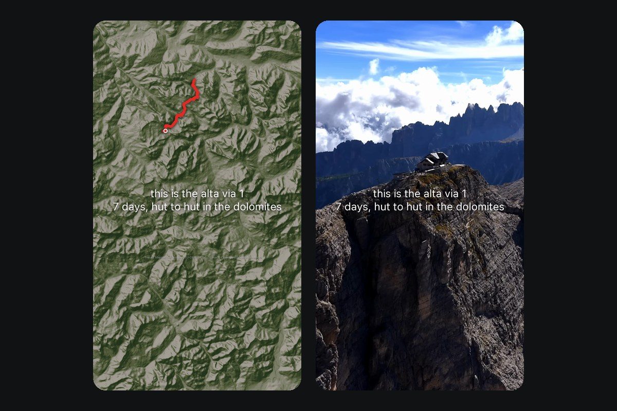 Left: the first reel's opening, a route map. Right: the new opening, a drone shot of a hut on a ridge