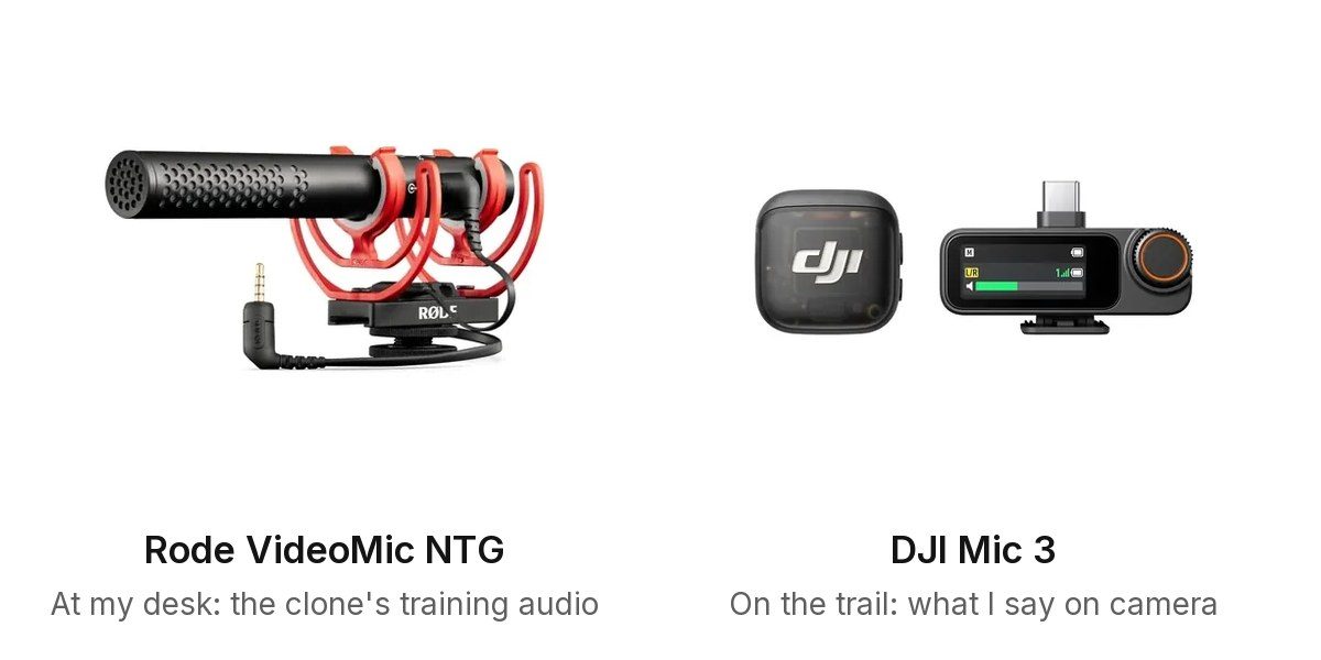 My two mics: the Rode VideoMic NTG at my desk, which recorded the clone's training audio, and the DJI Mic 3 on the trail